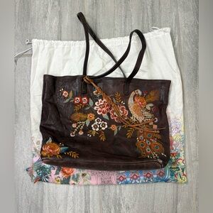 Johnny Was Dark Brown Embroidered Leather Tippi Tote
